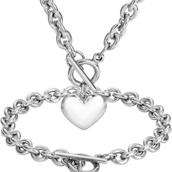 Jewelry - Heart Chain Necklace + Heart Bracelet for Women Girls Hearts Pendant Toggle Char